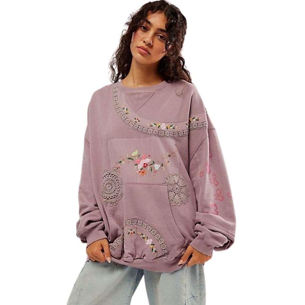 Free People Sweatshirt XS Purple Grams Attic Embroidered Crochet Lace Oversized